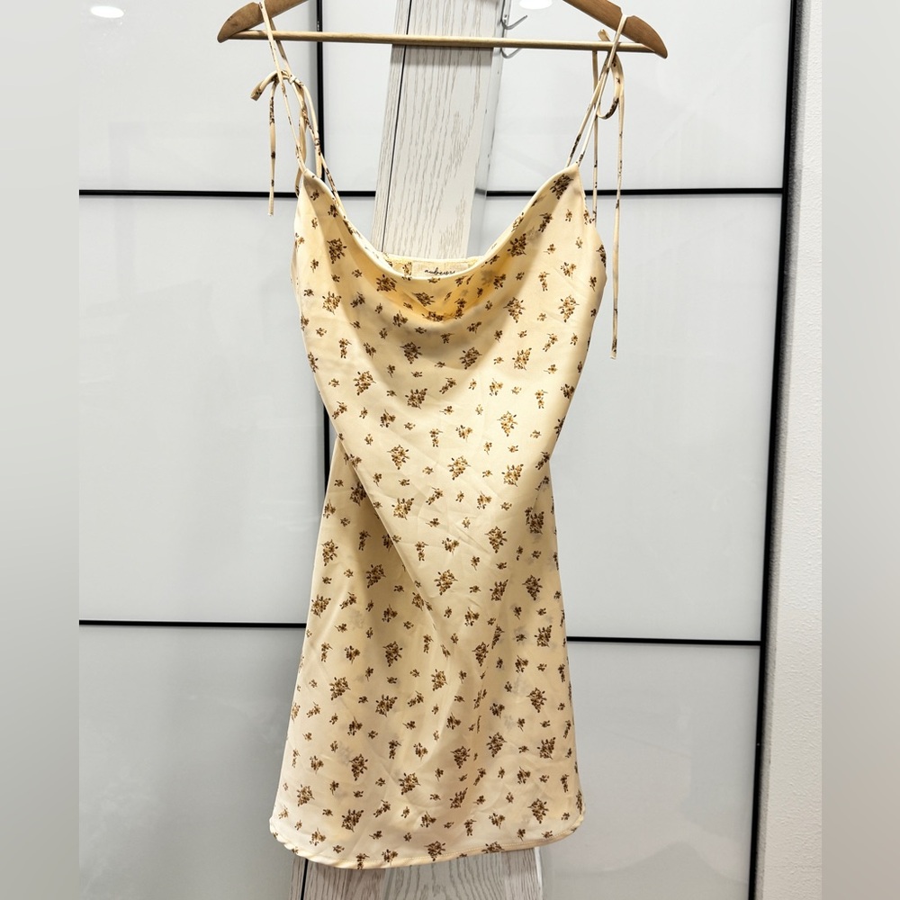 Brand New Champagne Beige Floral Cowl Neck Satin Slip Mini Dress Sleeveless
